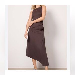 NWT Elegant Michael Stars Perez Ruched Sleeveless Dress Brown Java Ribbed Fabric